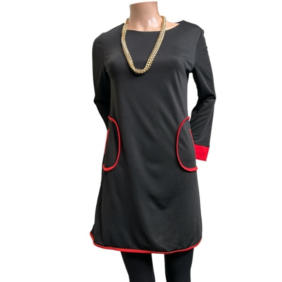 Vintage Dresses & Skirts - Vintage Mod Mini Dress Black Pockets Color Block Scoop Neck red piping size L